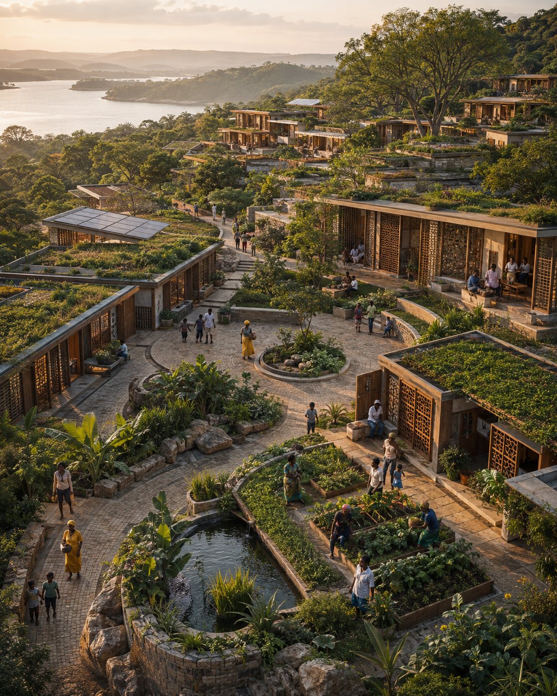 Terraced hillside dwellings with green roofs and garden plazas overlooking the water at sunset