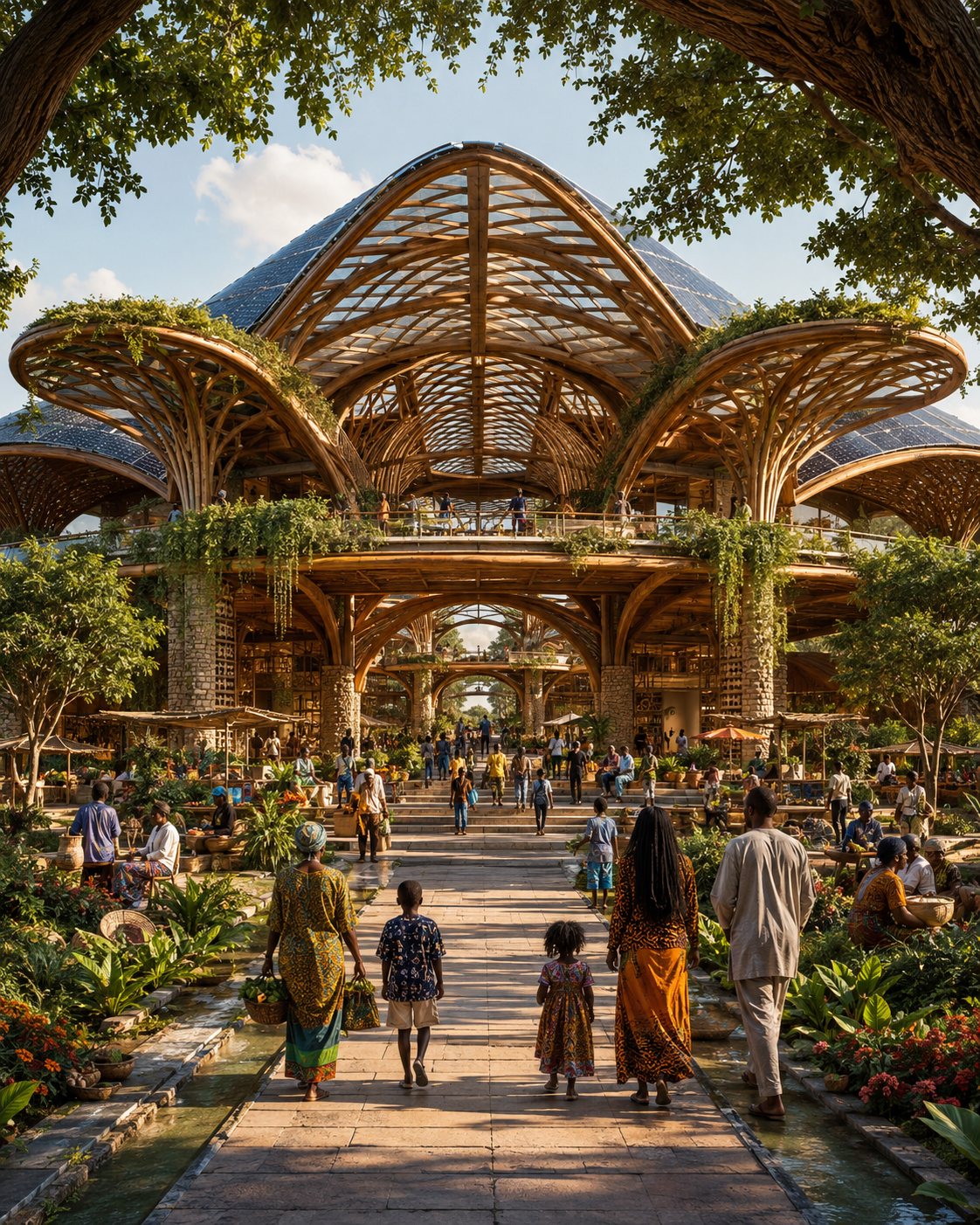 Vaulted timber and glass pavilion sheltering an open market and gardens