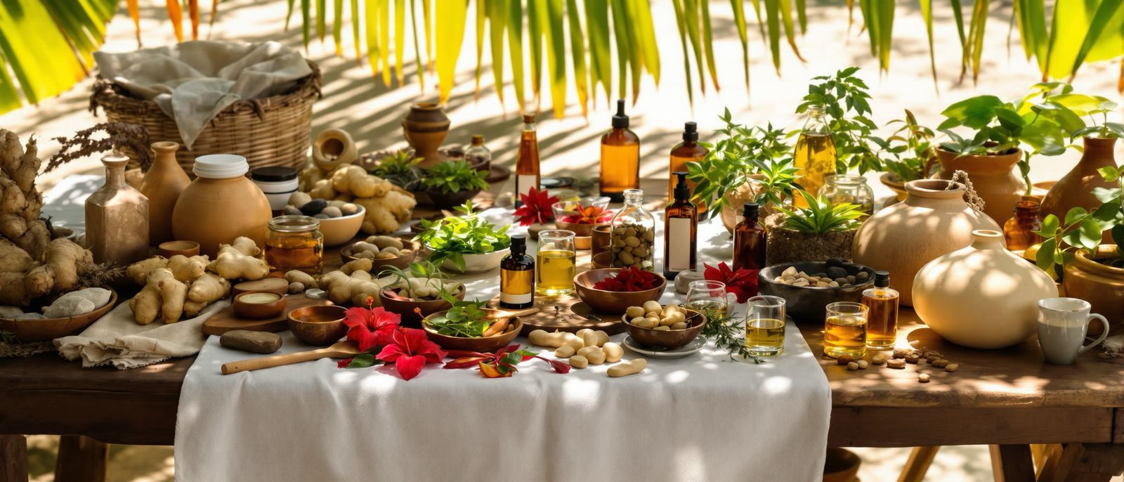 A long table laid with roots, tinctures, oils and hibiscus under palm shade