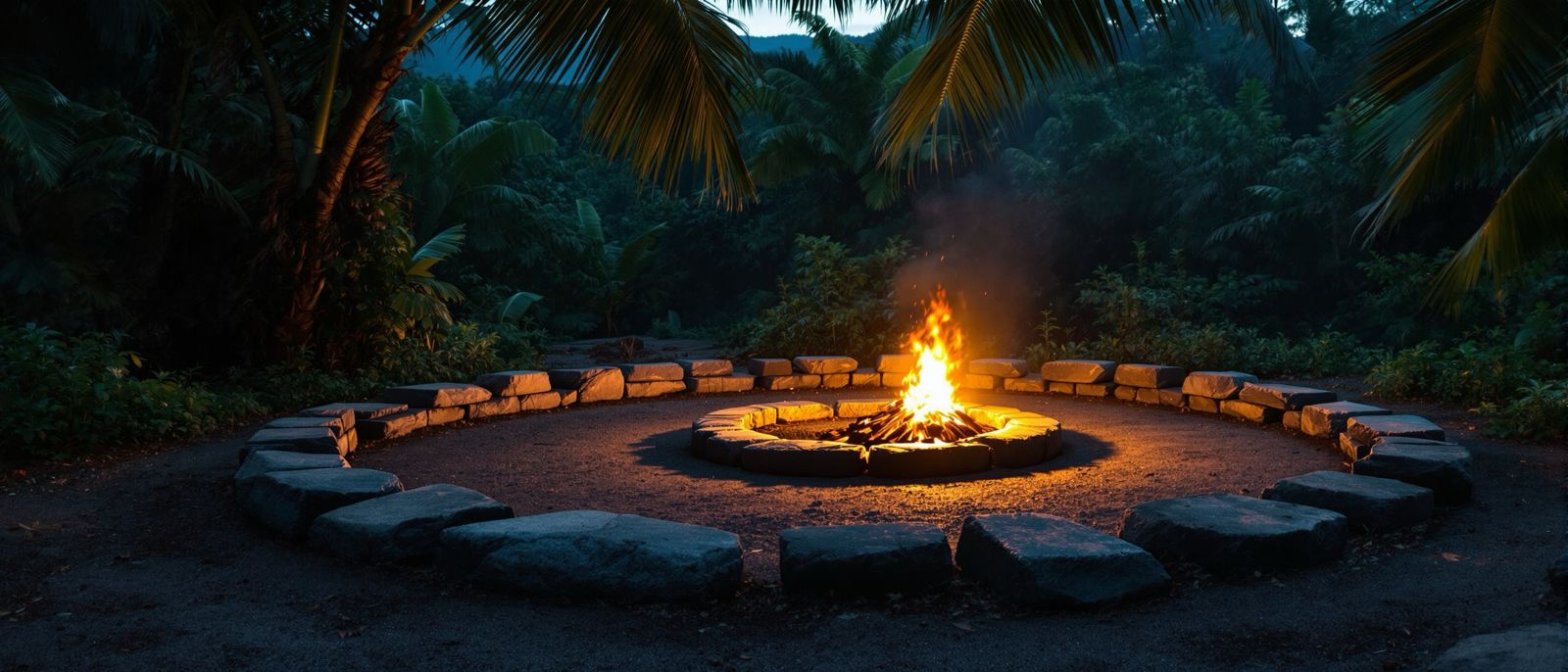 The Sacred Fire Circle lit at dusk, ringed with stone seats