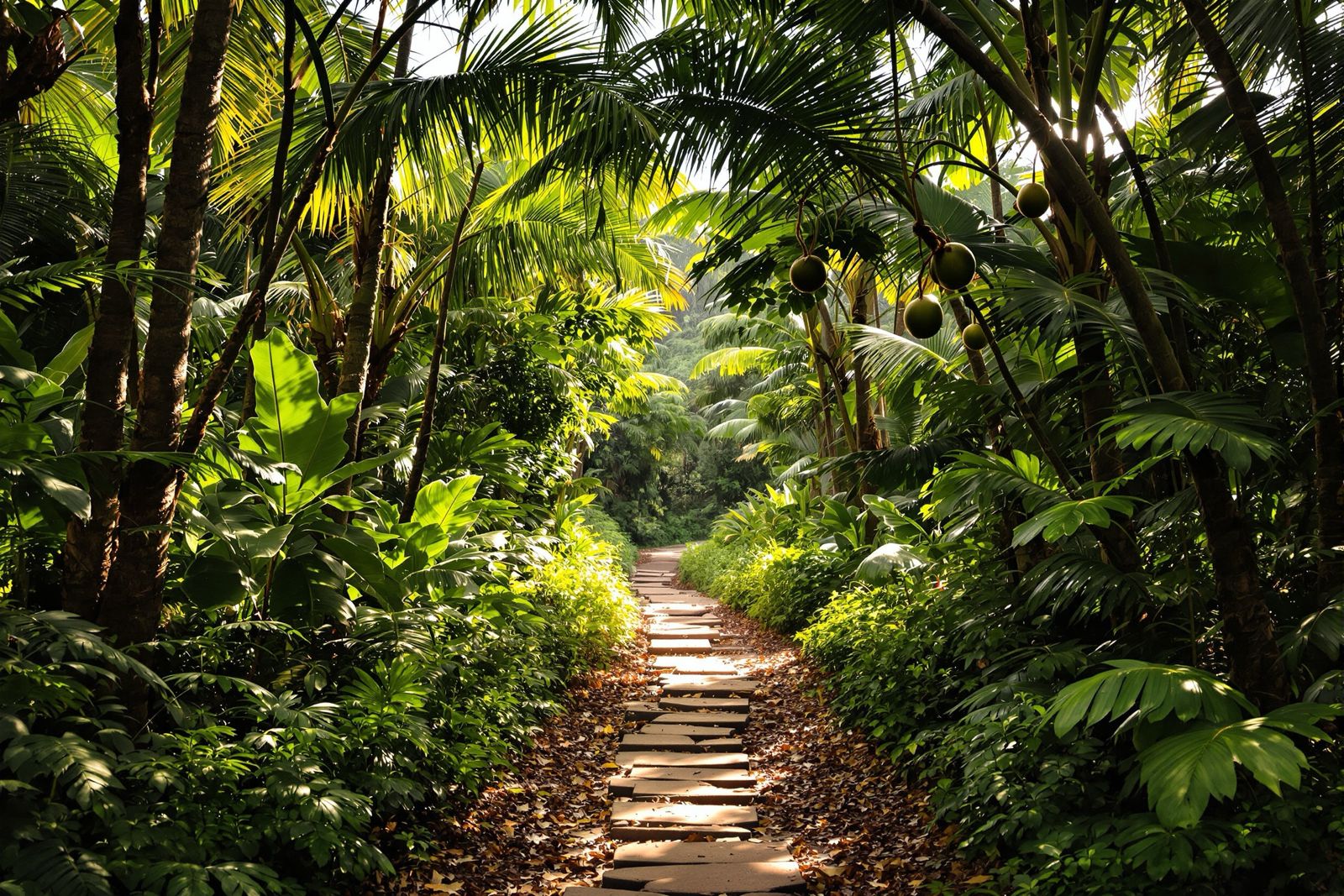 A paved footpath winding through palm and breadfruit groves