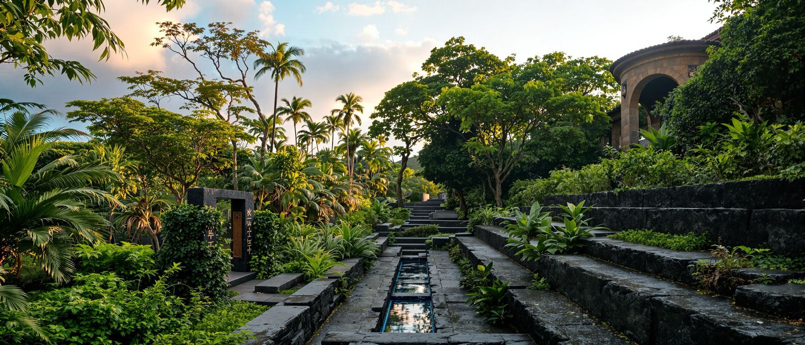 Stone terraces and water channel of the sanctuary gardens at sunset